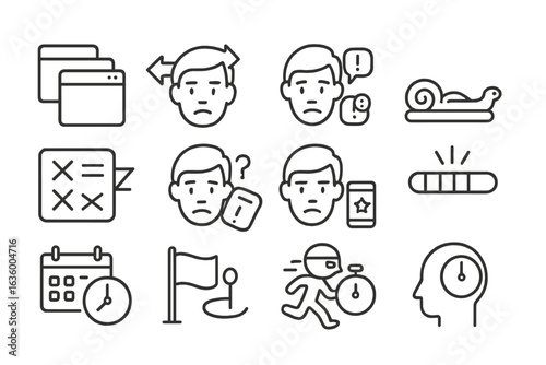 Multitasking Icons. Line style icons of multitasking challenges: multiple tabs icon, split attention icon, notification overload,