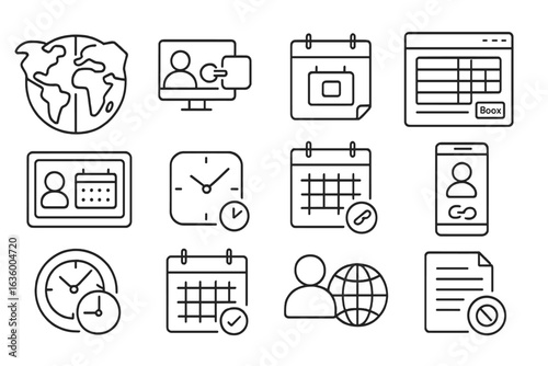 Remote Scheduling Icons. Line style icons of remote scheduling: timezone world map, online call link, calendar icon with camera,
