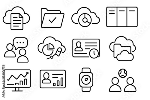 Team Dashboard Icons. Line style icons of team cloud dashboards: project file in cloud, task folder, progress icon, timeline board