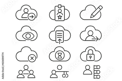 Cloud Access Icons. Line style icons of cloud access levels: guest login, admin badge, edit permission, view-only icon, access