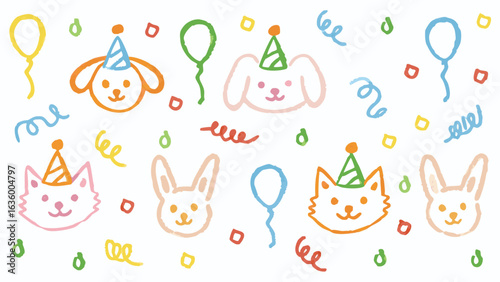 A whimsical celebration scene featuring animals wearing party hats with balloons and confetti scattered around