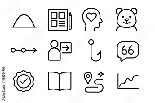 Storytelling Icons. Line style icons of storytelling in marketing: narrative arc icon, storyboarding tool, emotional appeal icon,