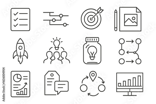 Campaign Planning Icons. Line style icons of campaign planning: campaign checklist, timeline chart, campaign goals, creative brief