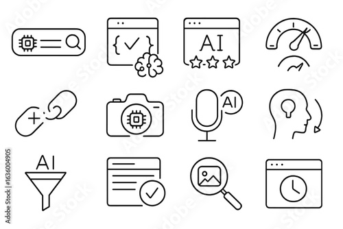 AI-Powered Search Icons. Line style icons of AI-powered search engines: smart search bar, semantic match icon, AI ranking