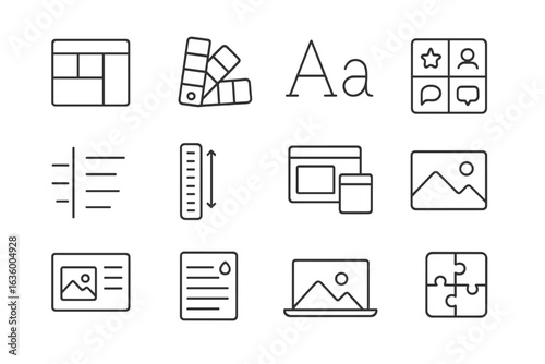 Slide Design Icons. Line style icons of slide design elements: layout grid, color palette, font selection, icon set, alignment