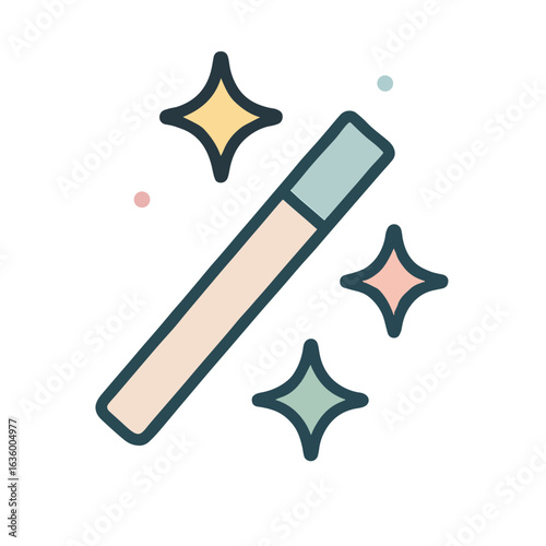 A minimalist flat icon of a magic wand with pastel-colored sparkles on a light background.