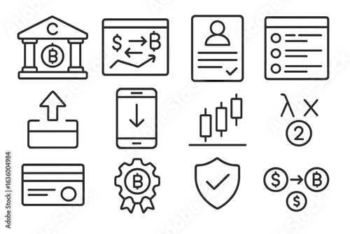 Crypto Exchange Icons. Line style icons of crypto exchanges: centralized exchange building, exchange rate chart, KYC form icon,