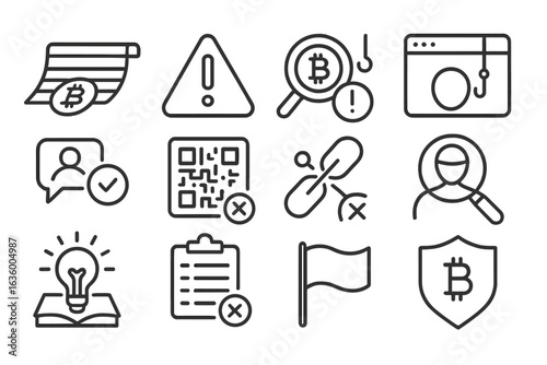 Crypto Scam Icons. Line style icons of crypto scams and safety: rug pull icon, scam alert triangle, fake token warning, phishing