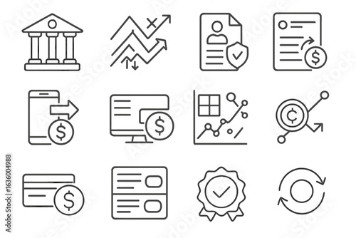 Crypto Exchange Icons. Line style icons of crypto exchanges: centralized exchange building, exchange rate chart, KYC form icon,