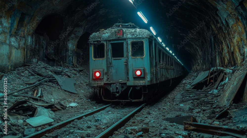 Obraz premium A train is in a tunnel with a dark and gloomy atmosphere