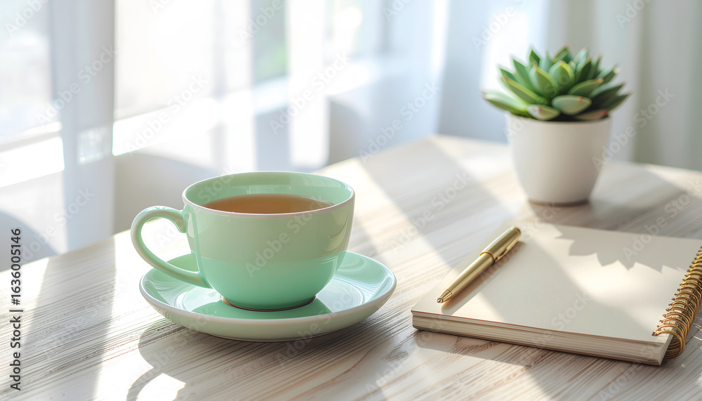 Obraz premium Minimalist Workspace with Teacup and Notebook in Soft Light