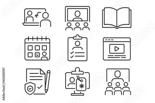 Blended Learning Icons. Line style icons of blended learning: digital + in-person icon, classroom video stream, print material