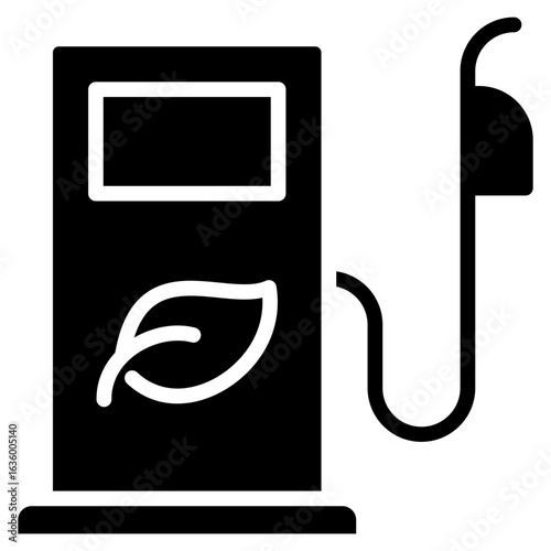 Biofuel Pump Glyph Black Silhouette Icon Design Vector - Fuel pump with leaf, symbolizing alternative eco-friendly fuel such as biodiesel or ethanol