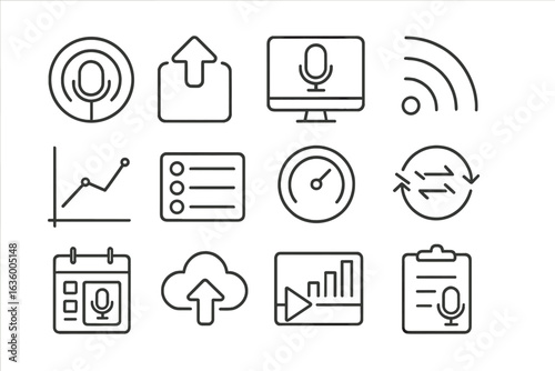 Podcast Platform Icons. Line style icons of podcast hosting platforms: podcast app, upload button, hosting dashboard, RSS feed