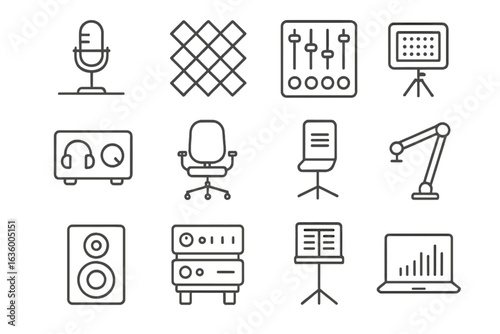 Podcast Studio Icons. Line style icons of podcast studio setup: mic desk, foam wall, mixer unit, headphone amp, studio chair, LED