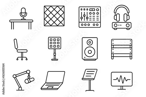Podcast Studio Icons. Line style icons of podcast studio setup: mic desk, foam wall, mixer unit, headphone amp, studio chair, LED