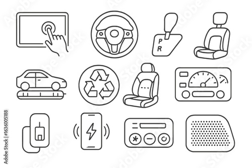 EV Interior Line Icons. Line style icons of EV car interior: touch display icon, steering with mode buttons, minimal gear selector