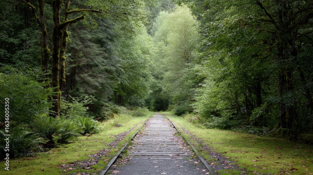 Naklejka premium Serene forest pathway surrounded by lush greenery and towering trees, inviting exploration and connection with nature's tranquility and beauty