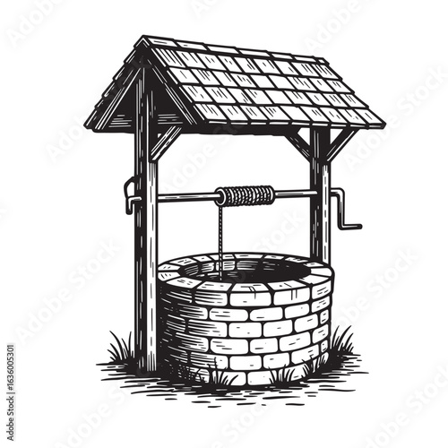 Hand-drawn illustration of a water well with roof and classic brick construction design