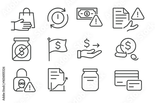 Financial Mistakes Icons. Line style icons of financial mistakes to avoid: impulse spending icon, payday loan warning, late bill
