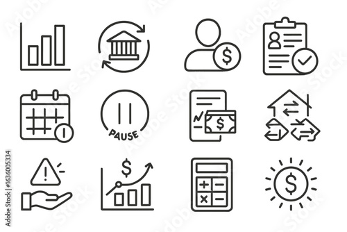 Student Loan Repayment Icons. Line style icons of student loan repayment: monthly payment chart, auto-debit icon, income-driven