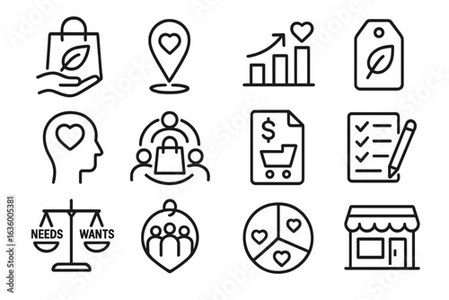 Values-Based Spending Icons. Line style icons of values-based spending: sustainability purchase icon, local support badge, ethical
