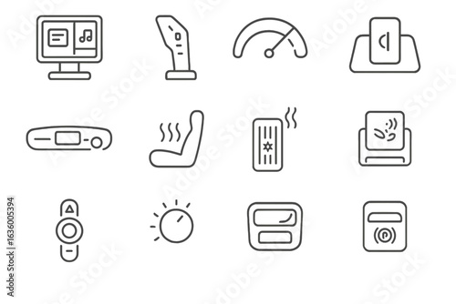 EV Interior Controls Icons. Line style icons of EV interior controls: touchscreen center console, digital gear shifter, regen