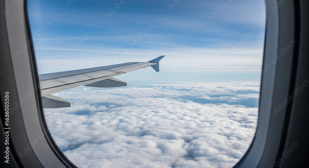 Fototapeta premium Airplane Wing and Cloudscape Viewed from Airplane Window.