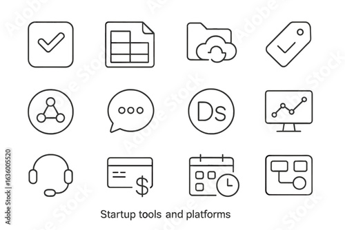Startup Tool Icons. Line style icons of startup tools and stack: productivity app icon, CRM system sheet, cloud storage folder,
