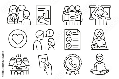 Youth Mental Health Icons. Line style icons of youth and student mental health: school counselor icon, academic stress sheet, peer