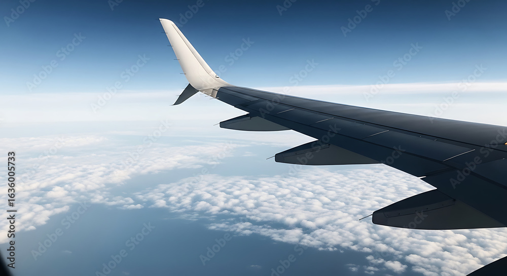 Obraz premium Airplane Wing and Tail Section Above Fluffy Clouds.