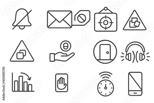 Distraction Blocker Icons. Line style icons of distraction blockers: notification off icon, email mute tag, blocked app list,