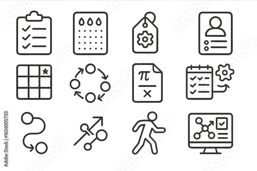 Success System Icons. Line style icons of personal success system: routine checklist icon, habit ritual sheet, task automation tag