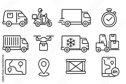 Delivery Icons Line Art. Line style icons of delivery vehicles: parcel van, express courier bike, logistics truck, same-day