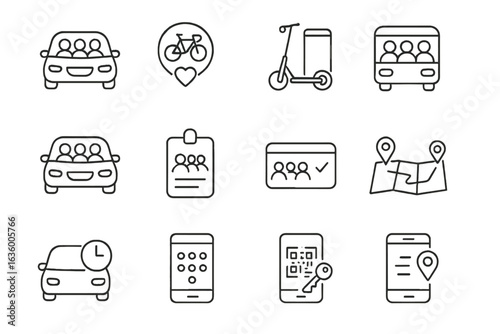 Shared Transport Icons. Line style icons of shared transport: carpool icon, bike share badge, scooter rental app, shared shuttle,