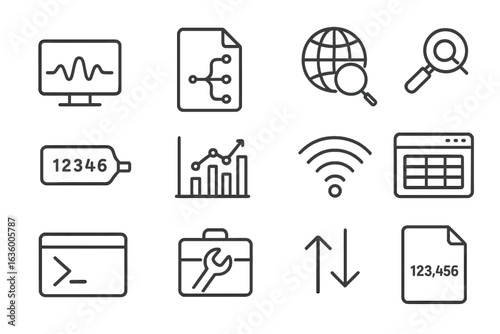 Internet Tools Icons. Line style icons of internet tools: ping tool icon, traceroute file, DNS lookup badge, packet sniffer icon,