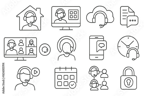 Remote Service Icons. Line style icons of remote customer service: home agent icon, remote call dashboard, cloud call software,