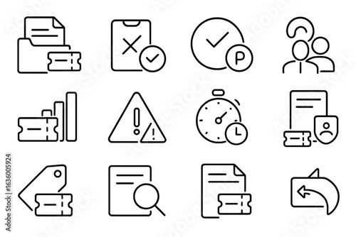 Support Ticket Icons. Line style icons of support ticket system: open ticket file, closed ticket icon, pending ticket badge,