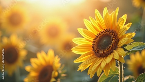 Close-up of vibrant sunflower shining brightly with soft warm sunlight in a blooming countryside floral garden scene