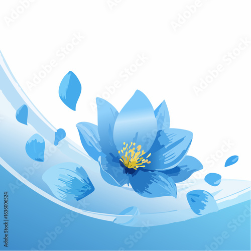 Flower petals. Blue wind background. Fragrance wave. Light air fly effect. Blossom swirl flow. Floral perfume 3d banner.
