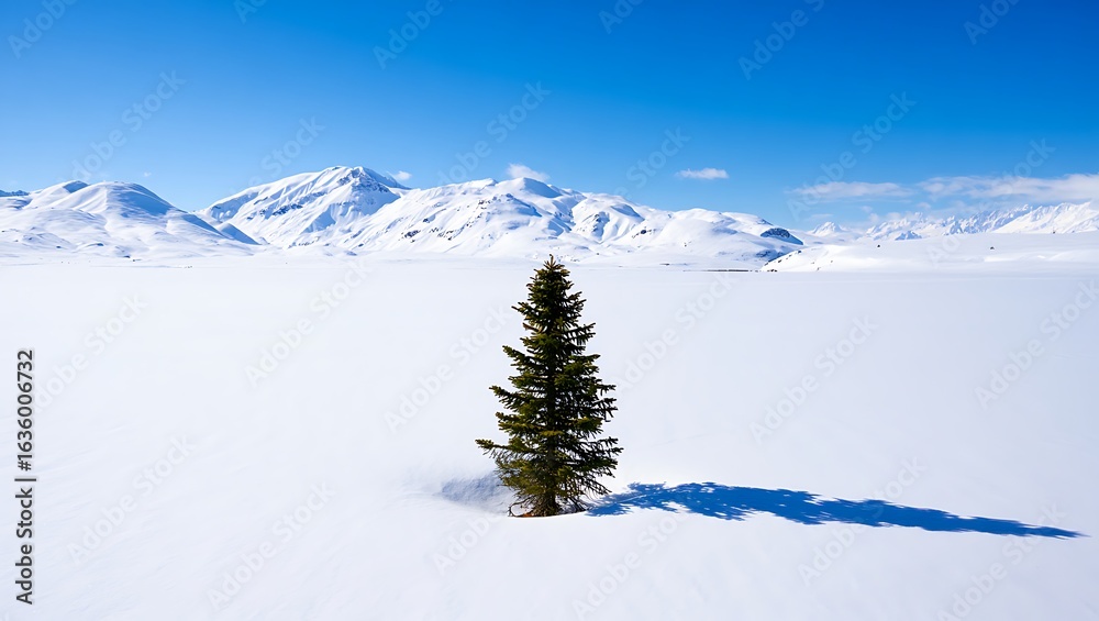 Fototapeta premium Lone Evergreen Tree Stands Tall in a Vast Snowy Landscape with Majestic Mountains and Bright Blue Sky Winter Solitude