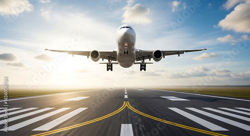 Commercial Airplane Landing Approach Over Runway.