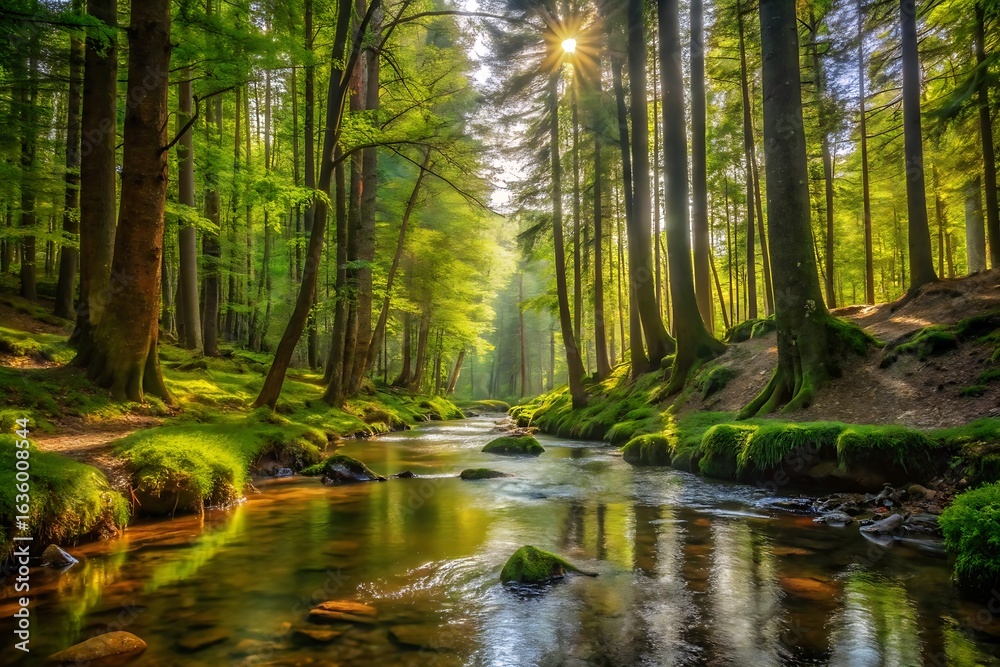 Obraz premium Sunlight streams through lush green forest illuminating a winding stream with mossy rocks