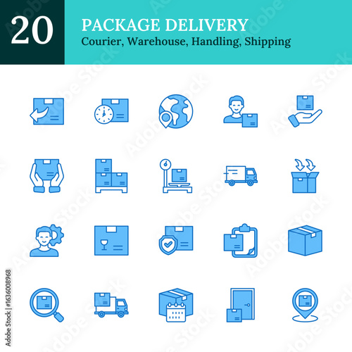 Package Delivery Blue Fill Outline Icon Sheet Design Vector - package handling, shipping logistics, global delivery, tracking, fragile goods, return processes, courier service, warehouse storage