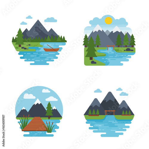 Illustrations of mountain lakes with boats bridges and pyramids