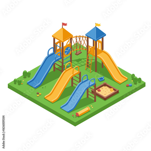 Isometric 3D illustration of a playground with slides swings and sandpit