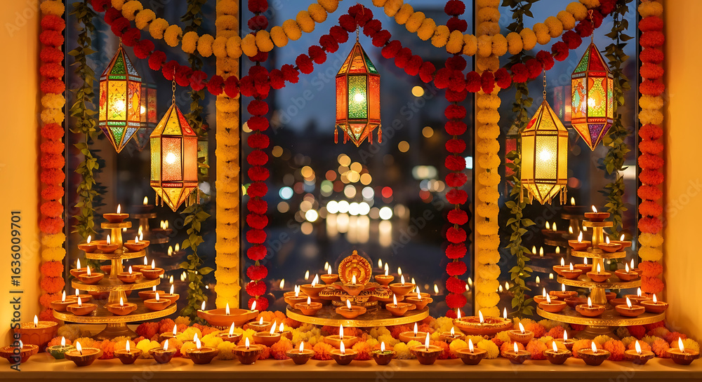 Obraz premium Illuminated Diya Lamps and Festive Lanterns with Marigold Garland.