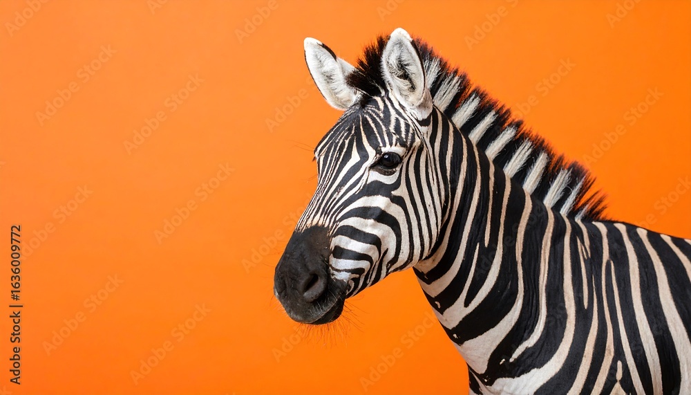 Fototapeta premium Stunning close-up of a zebra displaying its bold stripes and reddish mane on an orange background