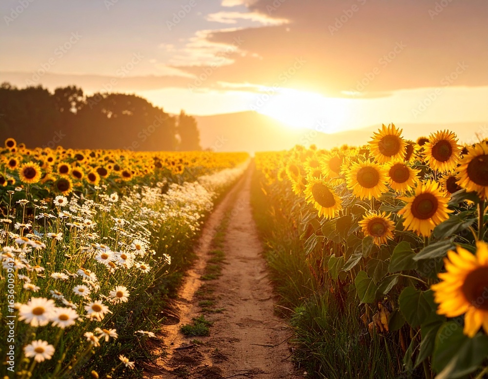 Obraz premium A path through a field of daisies and sunflowers after rain