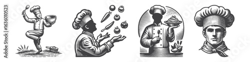 Vintage Hand-Drawn Chef With Bandanna Illustration, Culinary Cooking Engraved Vector for Kitchen and T-Shirt Design